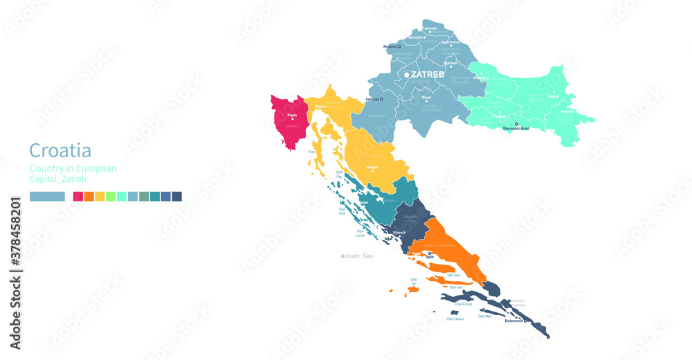 Croatia map. Colorful detailed vector map of the Europe country.