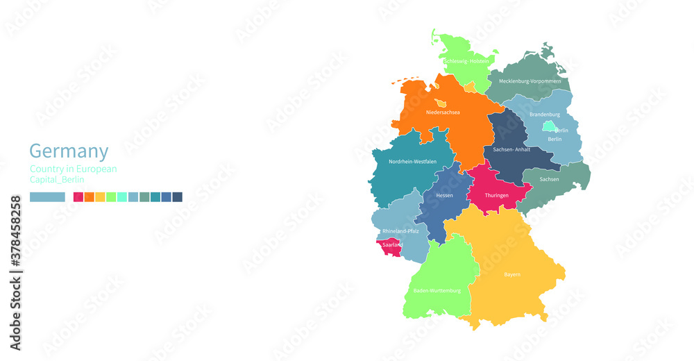 Germany map. Colorful detailed vector map of the Europe country.