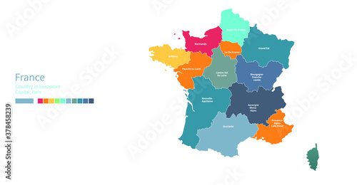 France map. Colorful detailed vector map of the Europe country.