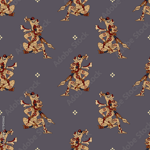 Seamless ethnic pattern with Mayan goddesses. Native American art of Mexican Indians.