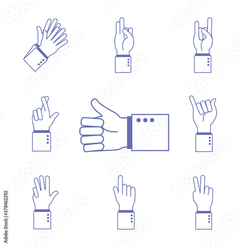 hand sign language alphabet line and fill style collection of icons vector design