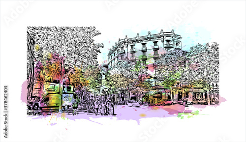 Building view with landmark of Barcelona is a city on the coast of northeastern Spain. Watercolor splash with hand drawn sketch illustration vector.