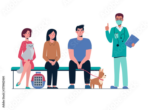 Queue at the veterinary clinic. People with pets are waiting on the bench, the veterinarian advises them. Cat and dog owners. Vector illustration, flat style, isolated on white