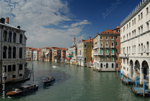 Boats on the Grand Canal viewed from the Rialto bridge in Venice