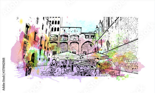 Building view with landmark of Barcelona is a city on the coast of northeastern Spain. Watercolor splash with hand drawn sketch illustration vector.