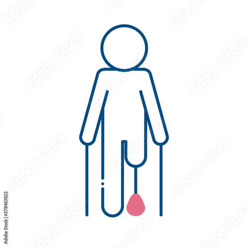 man with crutches and leg prosthesis line style icon vector design