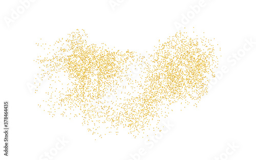 Background plume golden texture crumbs. Gold dust scattering on a white background. Sand particles grain or sand assembled. Vector backdrop dune, pieces abstraction. Illustration grunge for design