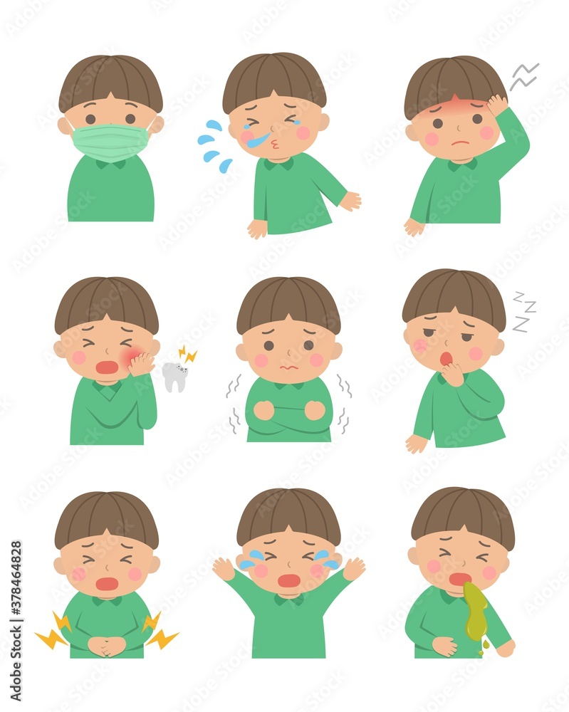 9 kinds of cute children sick, fever, sickness, crying, cartoon comic vector illustration, set, isolated 9 kinds of cute children sick, fever, sickness, crying, cartoon comic vector illustration, set, isolated
