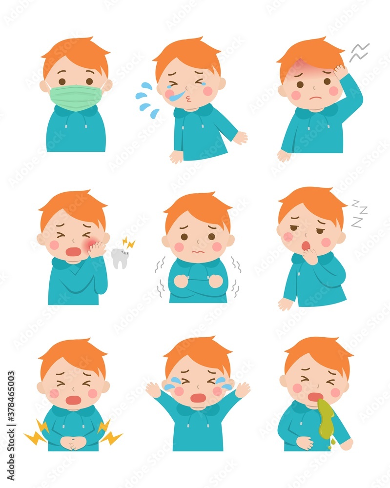 9 kinds of cute children sick, fever, sickness, crying, cartoon comic vector illustration, set, isolated 9 kinds of cute children sick, fever, sickness, crying, cartoon comic vector illustration, set, isolated