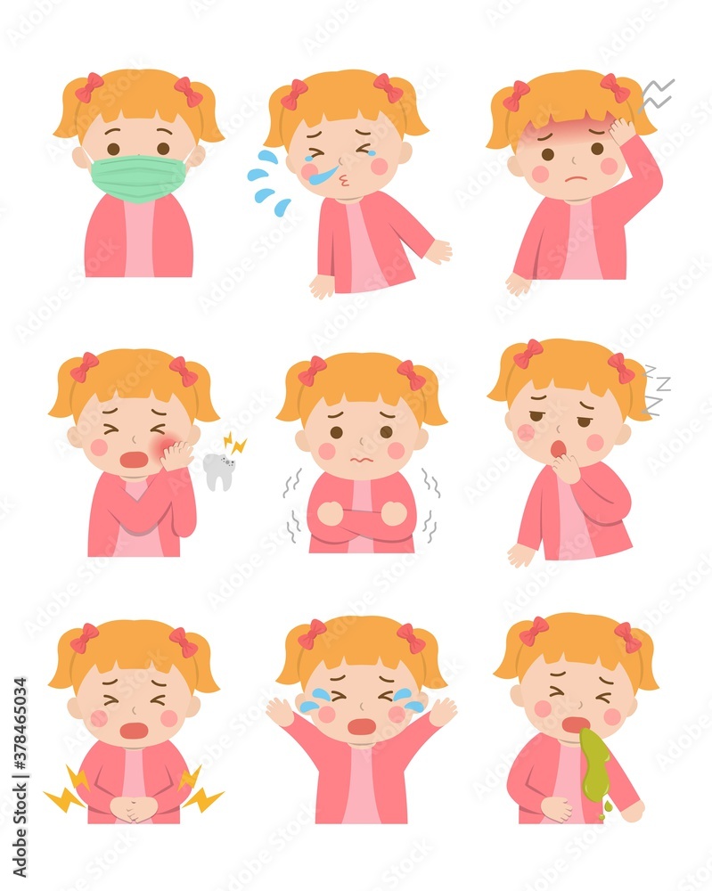 9 kinds of cute children sick, fever, sickness, crying, cartoon comic vector illustration, set, isolated 9 kinds of cute children sick, fever, sickness, crying, cartoon comic vector illustration, set, isolated