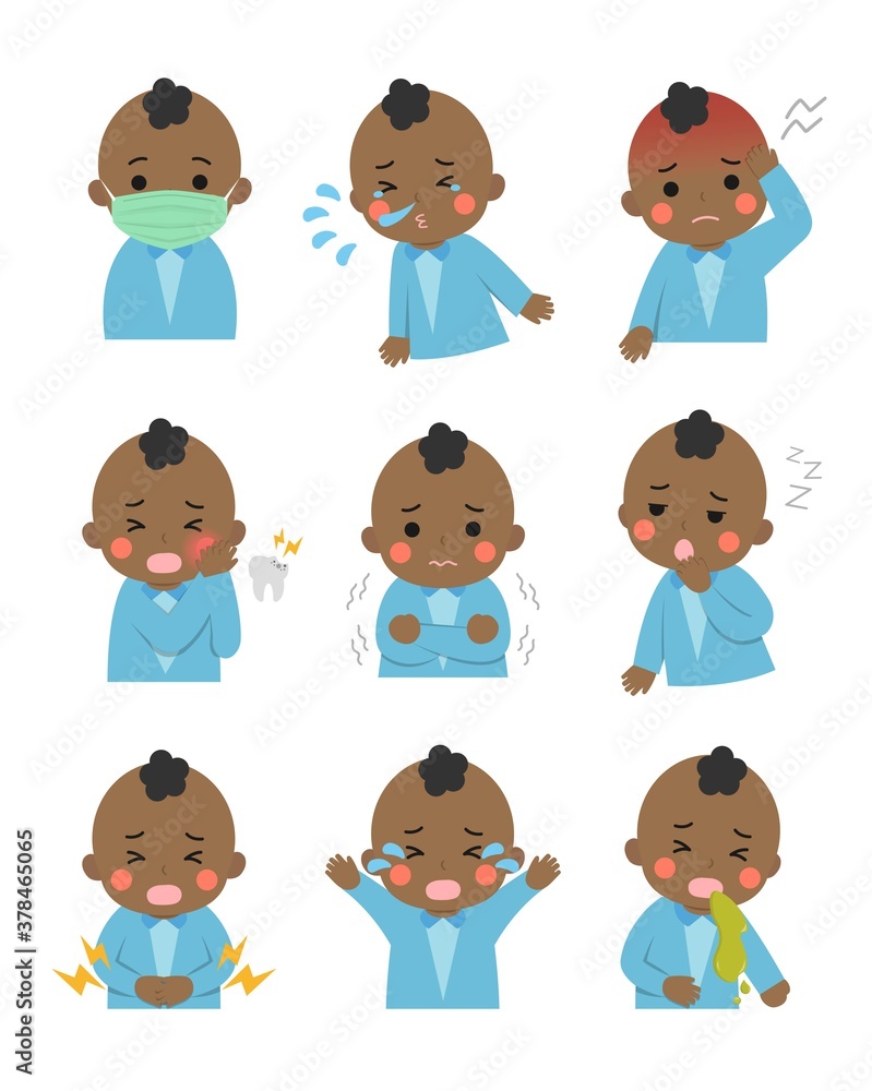 9 kinds of cute children sick, fever, sickness, crying, cartoon comic vector illustration, set, isolated