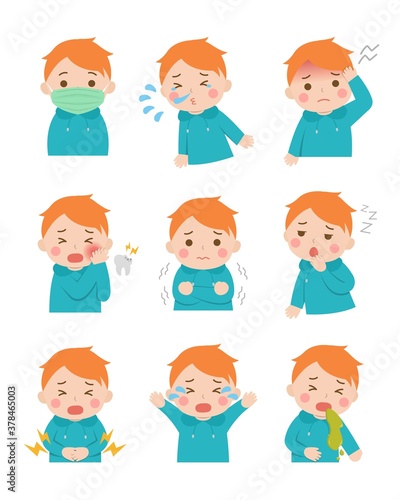 9 kinds of cute children sick, fever, sickness, crying, cartoon comic vector illustration, set, isolated