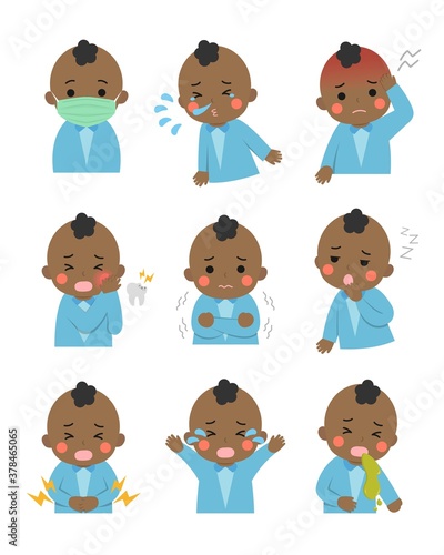 9 kinds of cute children sick, fever, sickness, crying, cartoon comic vector illustration, set, isolated