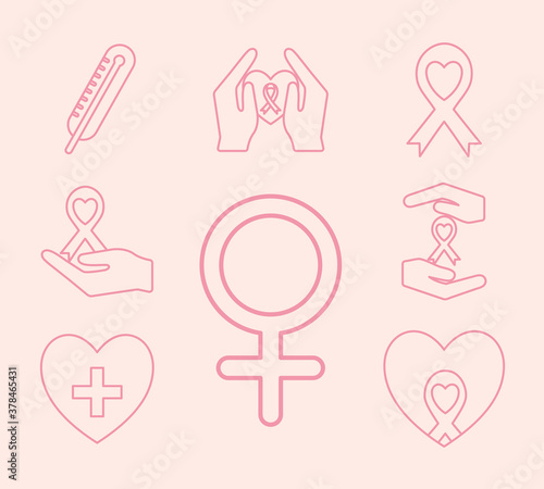 breast cancer line style set icons vector design
