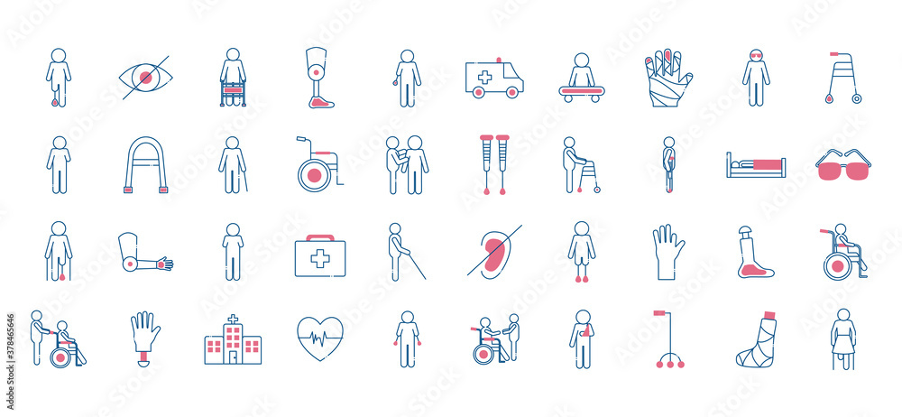 Fototapeta premium Handicapped line style collection of icons vector design