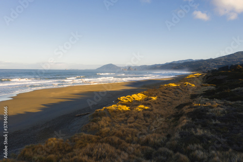 Pacific Coastline near Ophir Oregon with dunes and beach. 