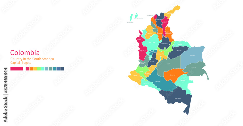 Obraz premium colombia map. Colorful detailed vector map of the South America, Latin America country.