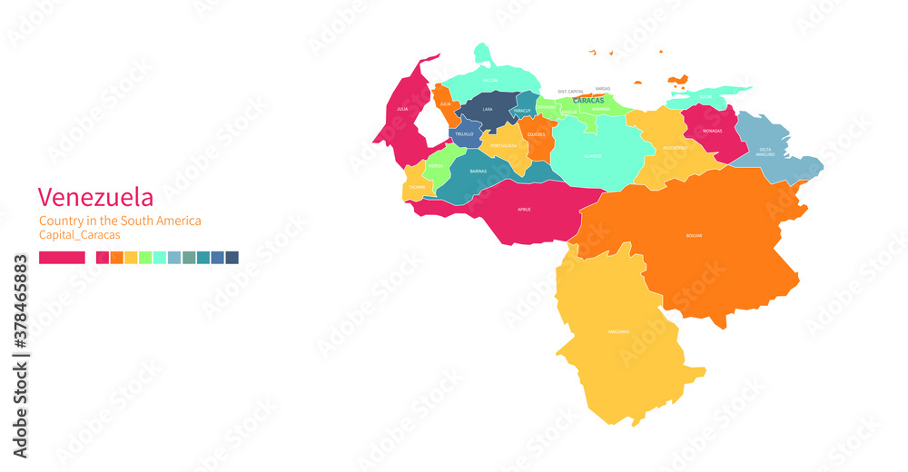Obraz premium Venezuela map. Colorful detailed vector map of the South America, Latin America country.