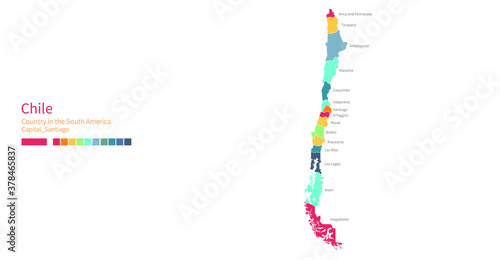 Chile map. Colorful detailed vector map of the South America, Latin America country.