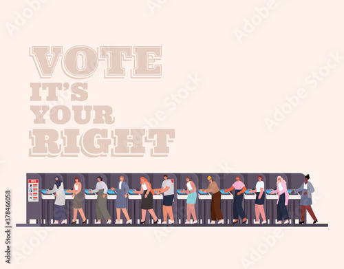 people at voting booth with vote its your right text vector design