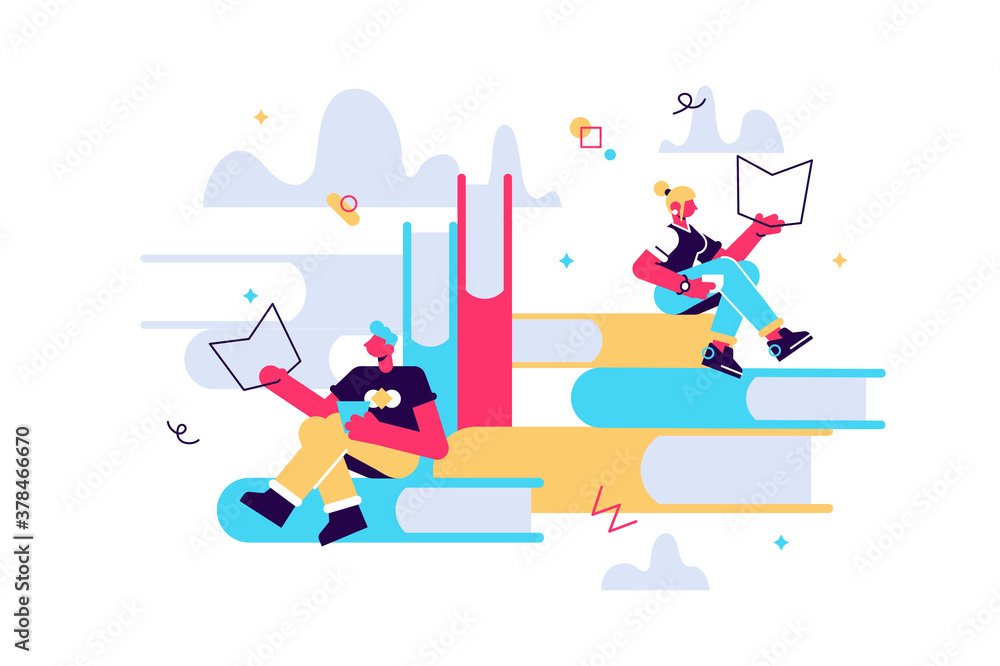Vector cartoon illustration of book readers Vector cartoon illustration of book readers
