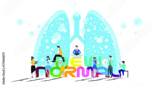 Men and women wear mask contact communicate should have Social distancing and Text New Normal - Illustration after the COVID-19 situation.
