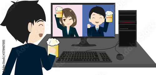 オンライン飲み会で盛り上がるビジネスマン達のイラスト