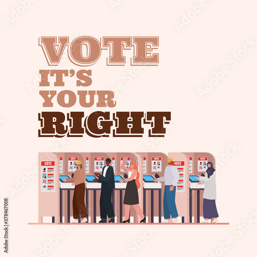people at voting booth with vote its your right text vector design