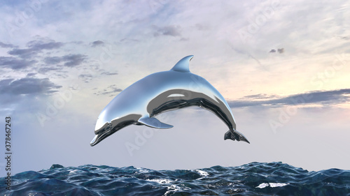イルカ ガラス 金属 メタル 銀 クローム 金 真鍮 ブロンズ 泳ぐ © kx59