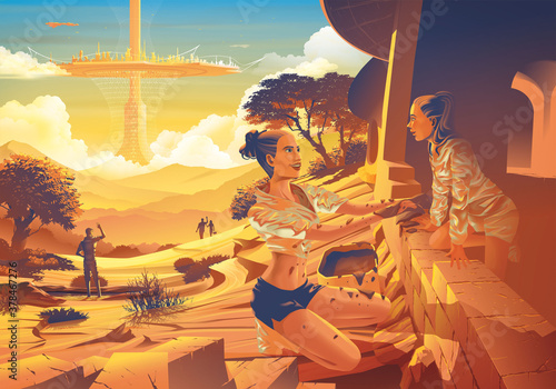 Futuristic vector illustration featuring the far future era of the family helping each other to build the earth house that has the flying futuristic city in the background.