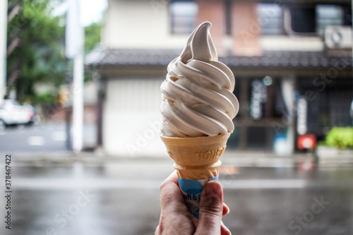 Miso flavoured soft serve ice cream (soft cream) in Nagano