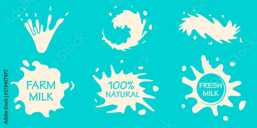 White milk splash and drop set isolated on blue