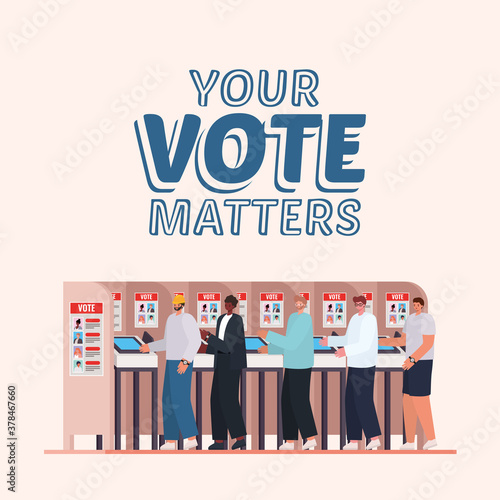 men at voting booth with your vote matters text vector design