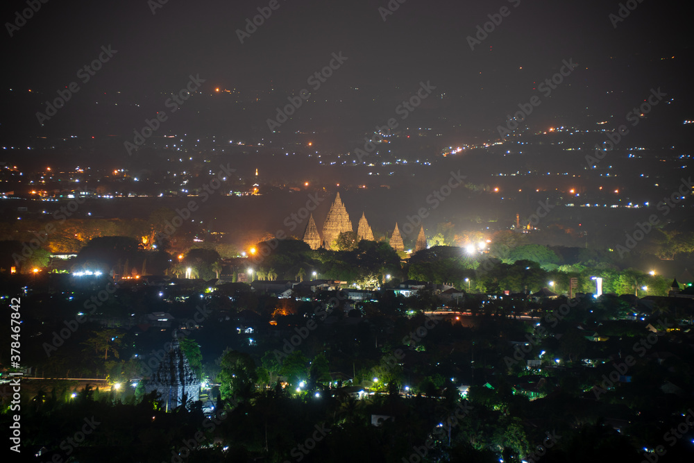 The view of Prambanan temple at night from a hill. Shot using special technique