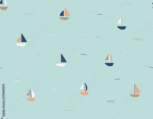 Cute pattern withe little boats. For fashion, fabrics, t-shirt prints, birthday party, scrapbook. Vector illustration with light green brackground