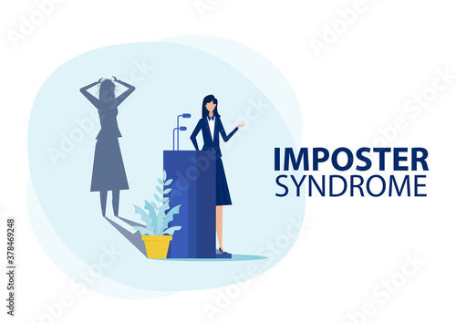 Imposter syndrome.woman standing for her present profile with fear shadow behind. Anxiety and lack of self confidence at work ,the person fakes is someone else concept