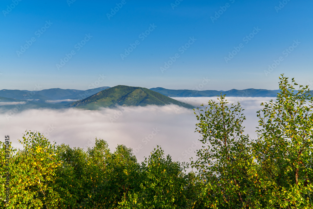 The morning fog between the mountains landscape. The morning fog between the mountains landscape.