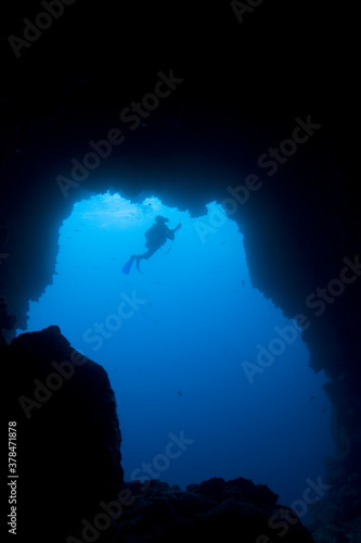 Scuba Diver in Cave Entrance, Galapagos Islands, Ecuador