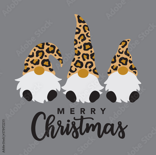 Vector illustration of three Merry Christmas gnomes with leopard print pattern hat.