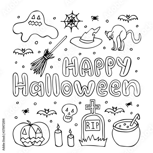 Hand drawn card 'happy halloween', doodle. Vector illustration. EPS 10