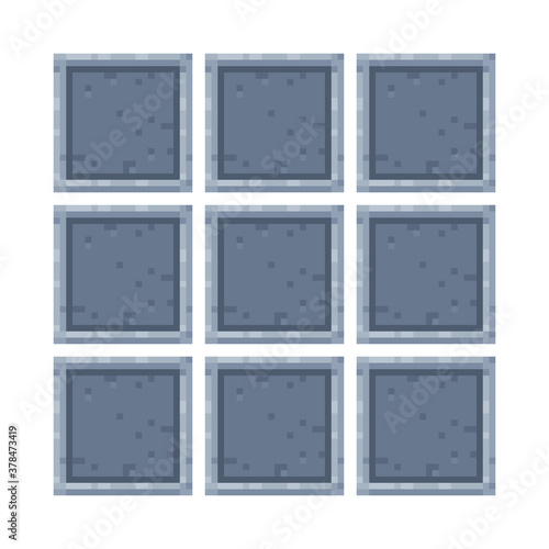 Frames inventory. Pixel art style tile design. Video game 8-bit sprite. Stone wall. Isolated vector illustration. Design for stickers, logo and mobile app. 