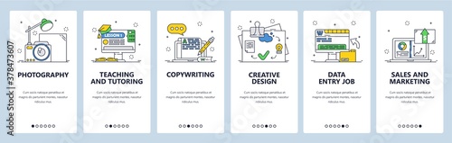 Freelance jobs. Photography, teaching, design, sales and marketing. Mobile app screens, vector website banner template.