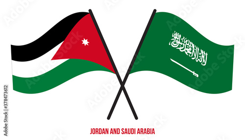 Jordan and Saudi Arabia Flags Crossed And Waving Flat Style. Official Proportion. Correct Colors.