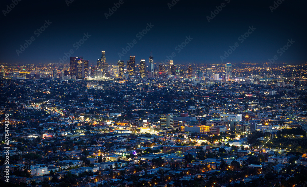 Night downtown skyscrapers Los Angeles California from Griffith Observatory. Big night city panorama
