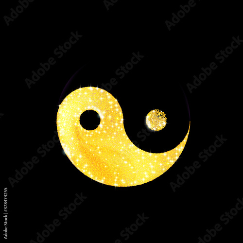 Art Golden texture crumbs yin and yang shaped, icon. Spiritual relaxation yoga or meditation. Gold sparkle, glitter isolated on black. Dust scattering, particles sand. Vector illustration