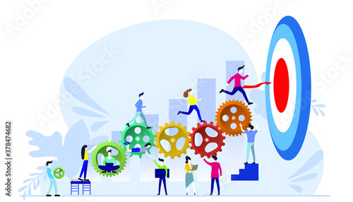 Businessman team  and Lady  running to target with Powered cog flat design creativity  Modern design Idea and Concept Vector illustration 
