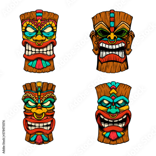 Sеt of Illustrations of Tiki tribal wooden mask. Design element for logo, emblem, sign, poster, card, banner. Vector illustration