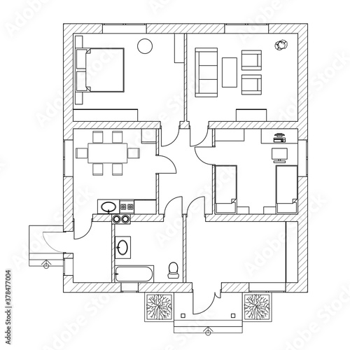 House interior. Black and White floor plan of a modern apartment. Vector blueprint. Architectural background.