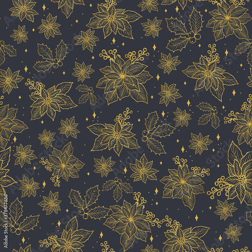 Seamless Christmas pattern with gold poinsettia, holly, mistletoe and berries on the dark background design