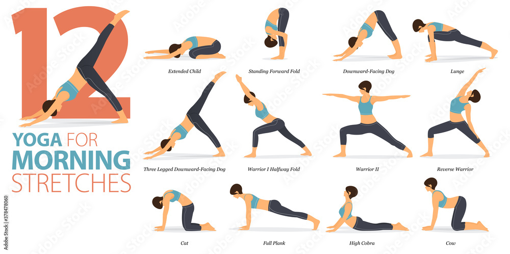 Infographic of 12 Yoga Poses for Sculpted Shoulders in Flat Design. Beauty  Woman is Doing Exercise for Body Stretching. Vector. Stock Vector -  Illustration of beauty, front: 171884982